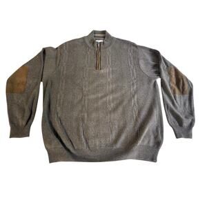 Alex Cannon XL Quarter Zip Sweater Brown Cotton Cable Knit Elbow Patch Mock Neck